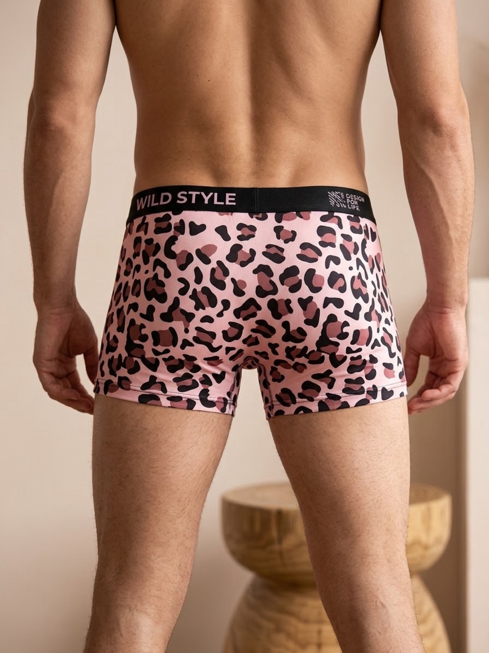 Men's Pink Leopard Print Boxer Briefs with Black Waistband - Picture 2 of 2